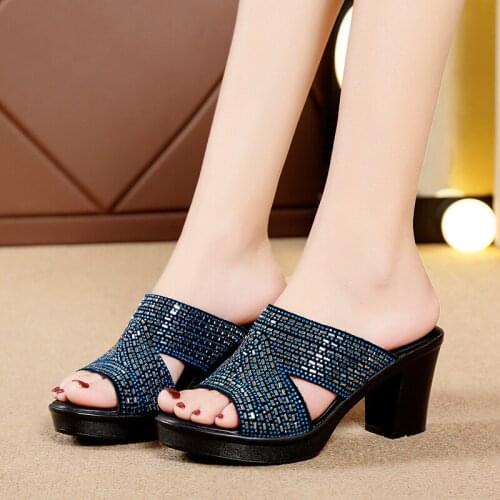 Summer Fashion High Square Heels Slides Women Shining Crystal Platform Sandals Woman Slip on Rhinestone Slippers