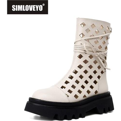 SIMLOVEYO New 2021 Ladies Fashion Hollow Net Mesh Boots Round Toe Thick Bottom Slim Lace-up Big All-match Size 34-42 A4051