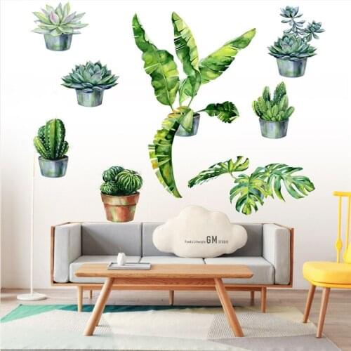 Tropical Leaves Wall Stickers Green Plant Bonsai Potted cactus PVC Removable Sticker For Kids Room Home Living Wall Decals Mural