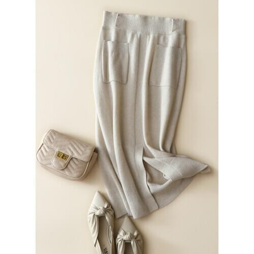 Autumn new style 100% cashmere high waist skirt front slit pocket causal elegant skirt