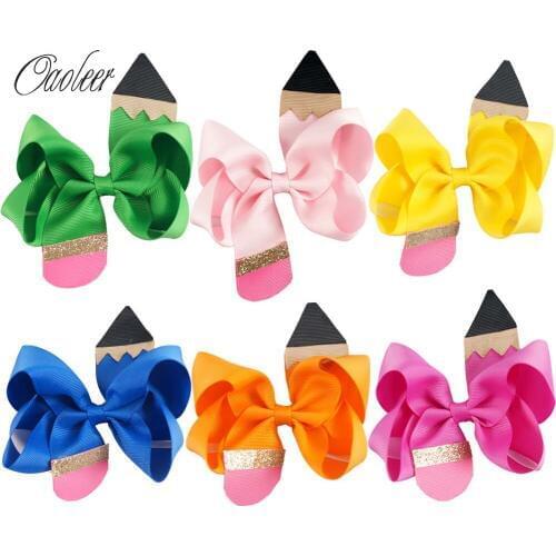 6pcs Handmade 4.5" Pencil Back to School Hair Bow With Clip For Girls Boutique Pencil Hairpin Preschool Graduation Accessories