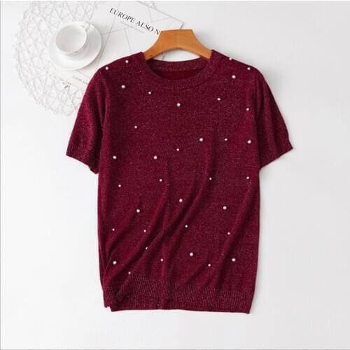 Women Girl Summer short Sleeve Pullovers round neck Knitted slim Cute Sweet beading shirts Outwear Top jumper for office work