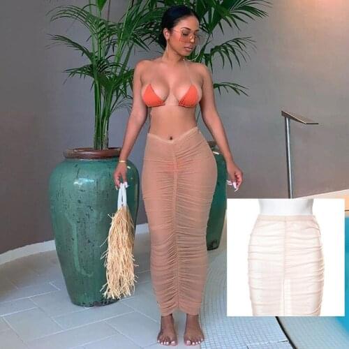 SKMY 2021 Summer New Solid Color Mesh See-Through High Waist Sexy Skirt Female Folds Bag Hip Apricot Fashion Outing Long Skirt