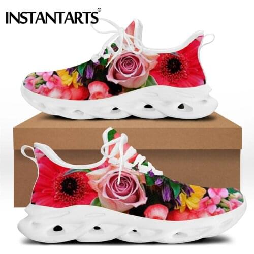 INSTANTARTS Spring Women Shoes Rose Floral Pattern Wear Resistant Walking Shoes Breathable Light Lace-up Footwear Zapatos Mujer