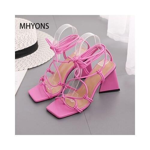 Women Pumps Med Heels Buckle Strap Cross Narrow Band Woman Sandals Square Toe European American style Ladies Shoes 2021 Summer