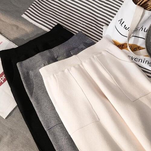 Womens Thicken Sweaters pants Casual High Waist Warm Knitted jogging trousers Winter Solid Chic Loose Ankle-Length Harem Pants
