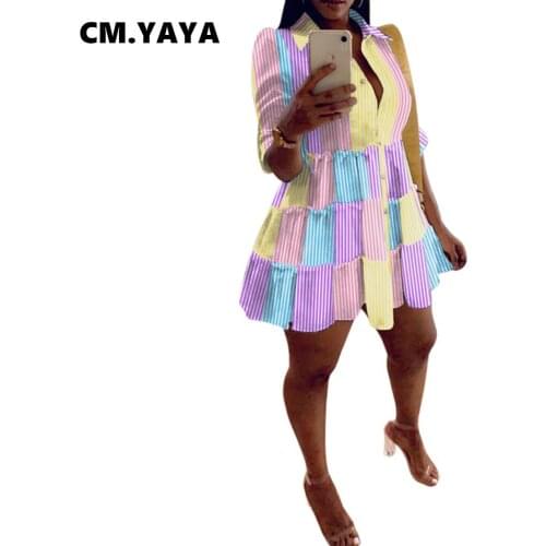 CM.YAYA Women Mini Dress Print Three Quarter Sleeve Turn-down Collar A-line Dresses Office Lady Fashion Vestidos Autumn Outfits