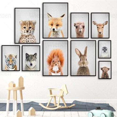 Animal Head Canvas Art Painting HD Print Rabbit Fox Tiger Wolf Leopard Sea Lion Baby Animal Poster Living Room Bedroom Wall Deco