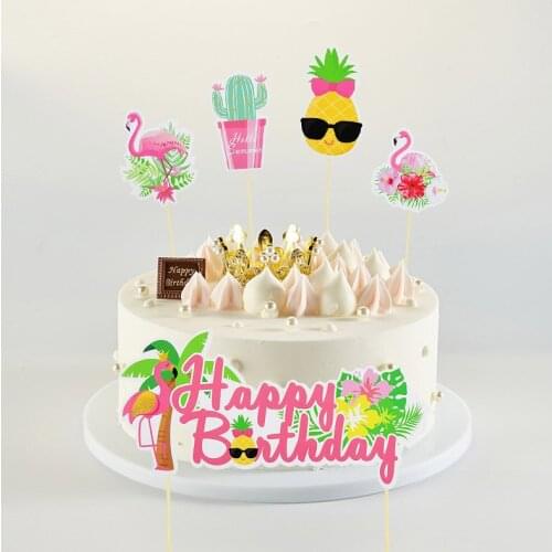 13pcs/set Happy Birthday Flamingo Pineapple Cake Toppers Paper Cupcake Topper Flamingo Pineapple Aloha Cake Decorating Supplies