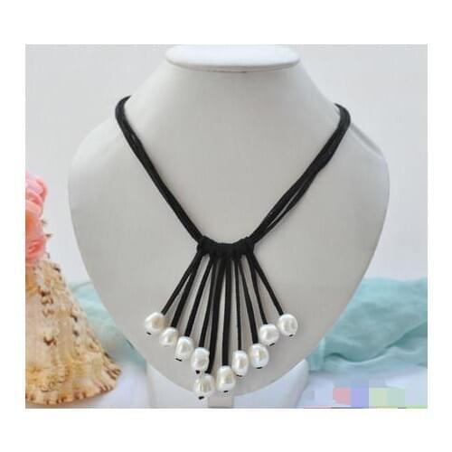 3row 20" 14mm white baroque pearl black leather tassels pendant necklace
