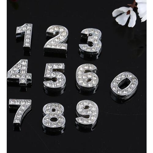 50PCS 10mm Silver Rhinestone 0-9 Numbers Slide Charms Slide Beads DIY 10mm Bracelets Wristbands,Belt Straps Pet Name Collar