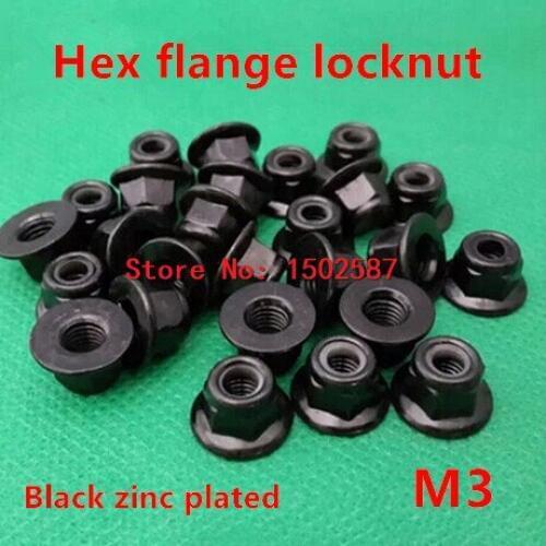 50pcs/lot M3 Hex Flange Nuts Black Zinc Plated Carbon Steel DIN6923 Nylon Lock Nut