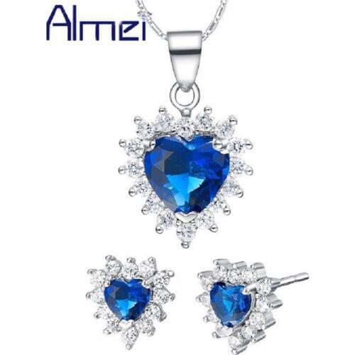Almei Brinco Heart Earrings Necklaces Sets for Women Wedding Party Lover Bridal Gift,Crystal Blue Purple Jewellery N1155 R759