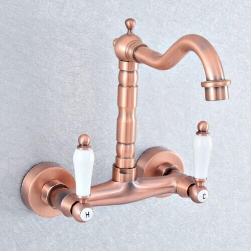 Antique Red Copper Bathroom Basin Swivel Spout Faucet Wall Mounted Dual Ceramic Handles Vessel Sink Mixer Taps Nsf878