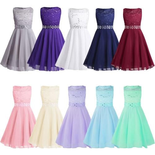 Kids Princess Summer Dress Sequined Floral Lace Chiffon Flower Girls Dress Princess Pageant Wedding Bridesmaid Birthday Dress