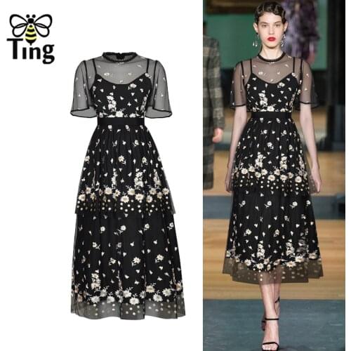 Tingfly Designer Runway Daisy Flower Embroidery Black Lace Midi Long Party Dresses Vintage Elegant Summer Layered Elbise Tide