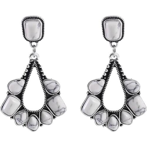 Ethnic Style Silver Plated Stackable Geometric Shape White Howlite Stone Stud Earrings for Women Jewelry