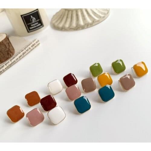 French Elegant Morandi Color Enamel Stud Earrings for Women Multicolor Square Geometric Small Statement Earrings Party Jewelry