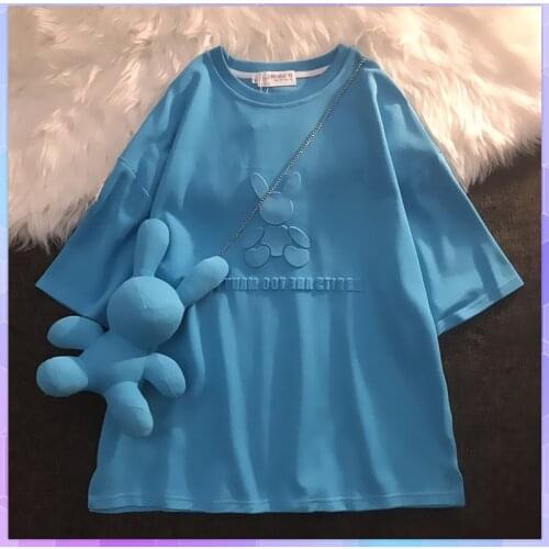 Women Basic T Shirt Short Sleeve O Neck Tees Ladies Casual Tee Shirt Street Wear Top 2021 Summer Rabbit Mid-Length Loose Tops