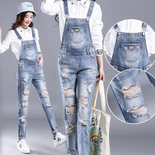Bib Trousers with Holes In Womens Denim Bib Pants Are Thin and All-match Jeans 2020 Spring and Autumn New Foot Pants Jumpsuit