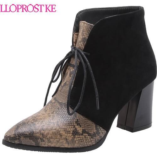 Lloprost ke 2020 Snakeskin Mix Color PU Leather Flock Women Shoes Lace Up Square High Heel Fashion Pointed Toe Ankle Boots H572