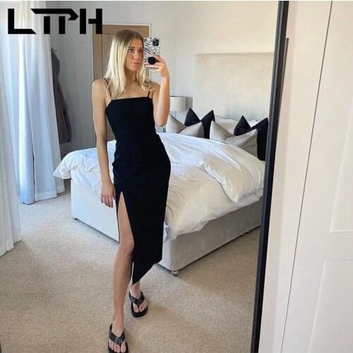 LTPH vintage black Backless evening party dress women Long sleeveless Split Slim Hepburn style elegant dresses 2021 summer new