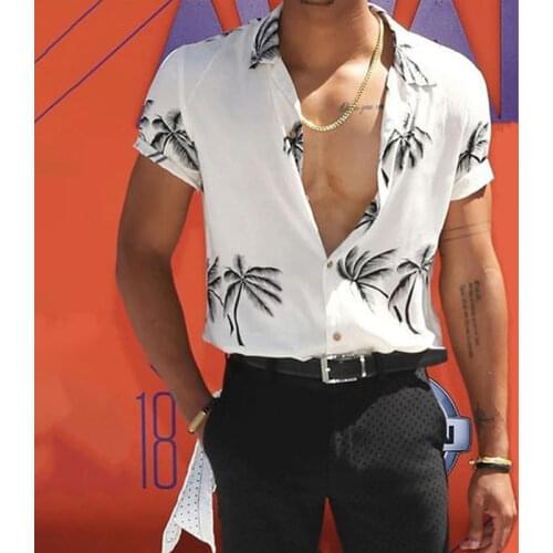 Mens Hawaiian Print Shirt Summer Casual Beach Coconut Print Lapel Short Sleeve Shirt Quick-drying Breathable Mens Shirt