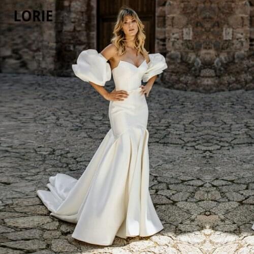 LORIE New Satin Wedding Dresses 2021 Short Separately Sleeves Custom Made White Mermaid Wedding Gown Corset Bridal Dress 2021