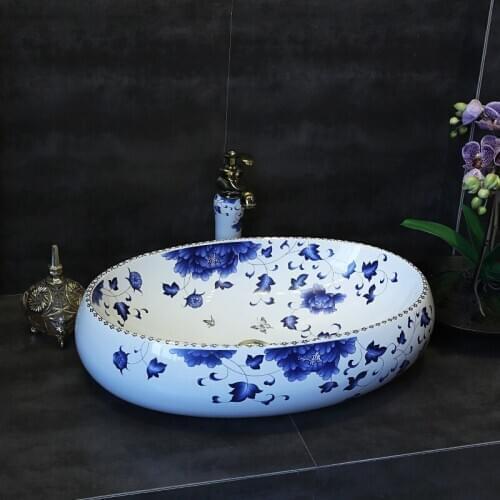 Oval Europe Style Counter Top porcelain wash basin bathroom sinks ceramic hand painted porcelain sinks