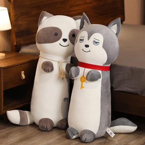 70cm 90cm 110cm Long Shaped Animal Pillow Stuffed Fluffy Husky Raccoon Toy Bed Sleep Pillow Cushion Gift for Friends