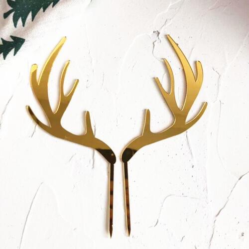 2pcs Merry Christmas Acrylic Cake Topper Gold Deer Elk Antlers Acrylic Cupcake Topper For Party Cake Decorations Xmas 2021