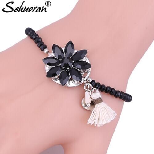 Sehuoran Bracelets & Bangles For Woman Zinc Alloy Part Crystal Beads Crystal Stone Tassel Bohemian Adjustment Crystal Bracelets