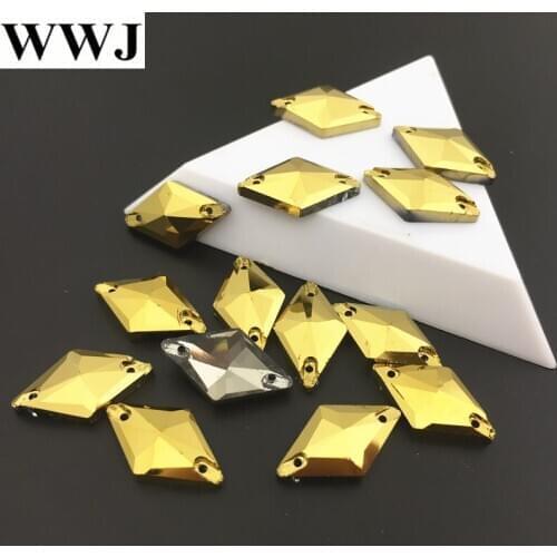 11x19mm Glass Crystal Sewing Glass Rhinestone Rhombus Sew On Stone Gold Hematite Color Flatback 2 holes Sewing Jewelry Beads