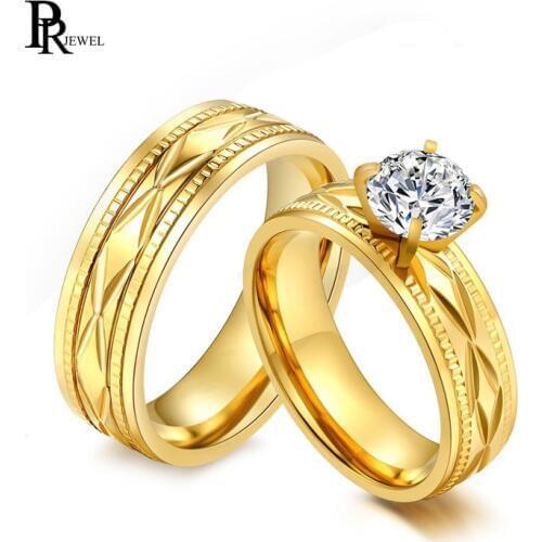Trendy 316L Stainless Steel Gold Color Zircon Prong Solitaire Wedding Couple Rings Jewelry