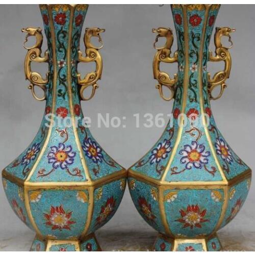 Xd 00877 Chinese Palace Cloisonne Enamel Bronze Gild Dragon Unicorn Statue Pot Vase Pair