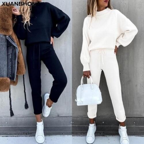 XUANSHOW 2021 Fall/Winter Womens Sweatsuit Loose High Collar Casual Solid Color Puff Sleeve Pocket Two-piece Suit Tracksuits