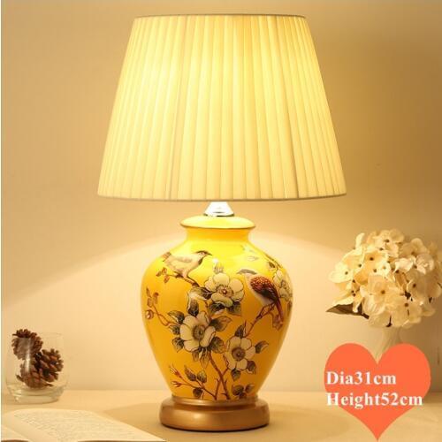 Chinese style flower&bird yellow ceramic Table Lamps light yellow fabric lampshade E27 LED lamp for bedside&foyer&studio MF010