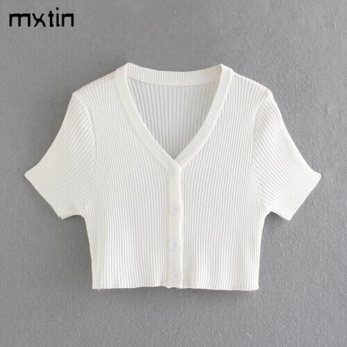 2020 Womens Clothes Summer White Button Cropped T Shirt Women Casual Elasticity Tops Tees Short Sleeve FemaleLadies T-Shirt