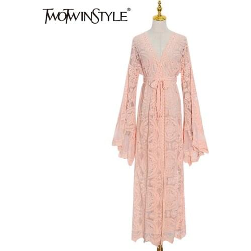 TWOTWINSTYLE Lace Cut Out Solid Trench For Women V Neck Long Sleeve High Waist Loose Minimalist Coats Female 2021 Clothes Summer