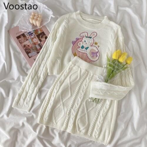 Autumn Sweet Lolita Bunny Knitted 2 Piece Set Girly Cute Rabbit Embroidery Sweater Crop Tops Pullovers Skirts Winter Women Suit
