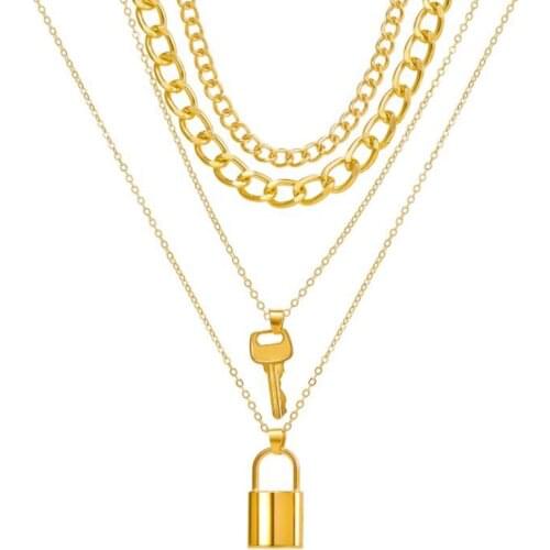 Gold Silver Color Multilayer Thick Chain Necklace for Women Key Lock Pendant Necklace Aesthetic Gothtic Statement Jewelry Gift