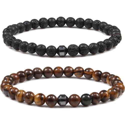 6mm Cylinder Hematite Bracelet Tiger Eye Natural Volcanic Stone Charm Men Women Beaded Bracelets Jewelry Homme pulseras hombre