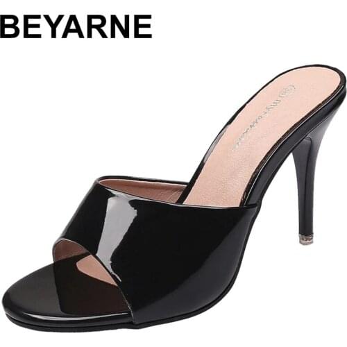 BEYARNE patent leather women high heel mule shoes flip flop slipper peep toe casual ladies slip on slides comfortable shoes