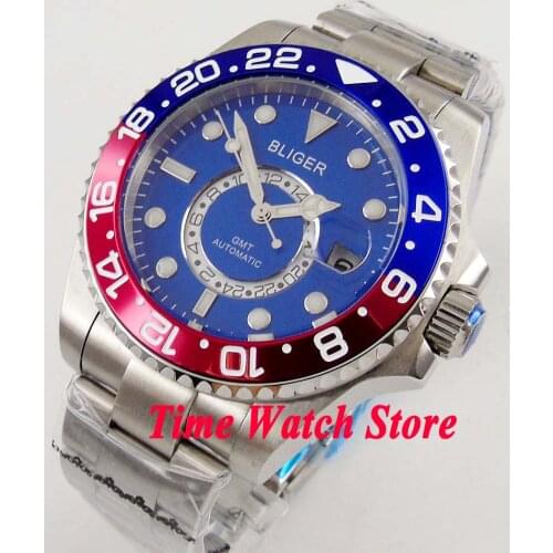 Bliger 43mm GMT Automatic movement Mens watch blue dial sapphire glass Blue red turning bezel 24 hours 241