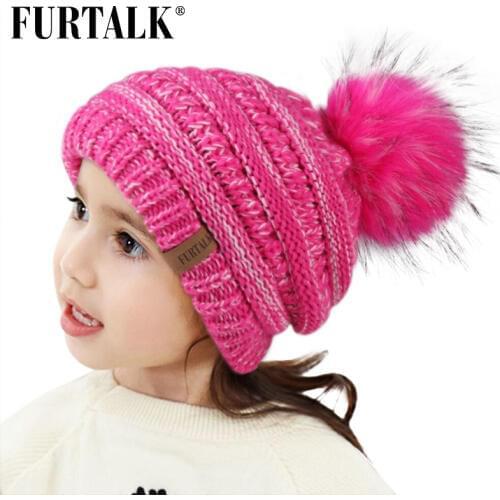 FURTALK Kids Winter Hat Pompom Beanie Hat Velvet Boys Girls Children Knitted Hat Baby Warm Cap for 2-10 Years Old Child
