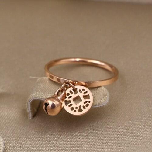 Martick Childrens Rings With Bells Rose Gold Color Copper Money Design Finger Rings Size 5-8 R26