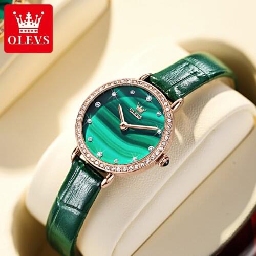 Designer Small Dial Green Women Watch OLEVS Luxury Fashion Brand Quartz Female Retro Watches Vintage Leather Lady Wristwatches