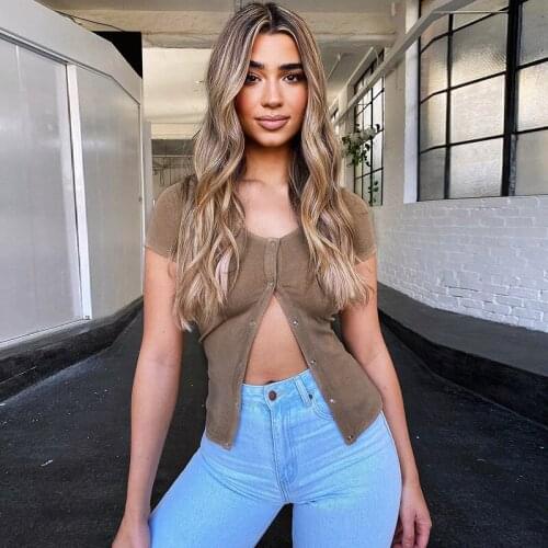 Casual Elastic T-shirts Single Breasted Skinny T Shirt Women Knitted Short Sleeve Top Slim Fitness Streetwear 2021