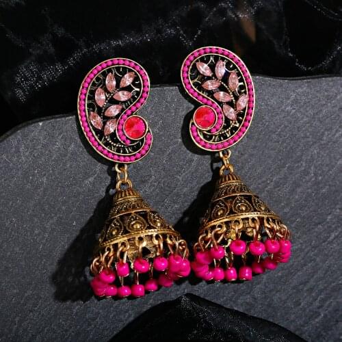 Classic Retro Womens Leaf Rhinestone Turkish Jhumka Earrings Vintage Turkey Boho Bells Beads Tassel Earrings