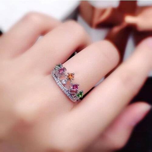 Fashion Silver Crown Ring for Young Girl 3mm Natural Tourmaline Silver Ring 925 Sterling Silver Tourmaline Ring